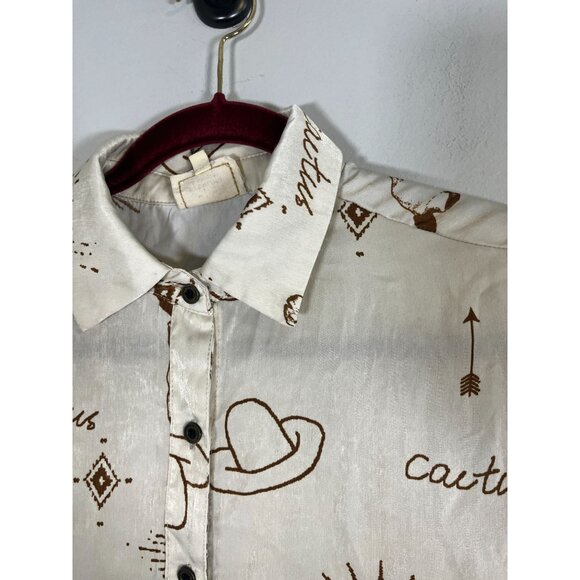 Retro Western Cowgirl Shirt Tan L Country Farm Classic Chic Concert Preppy 80s - Picture 5 of 13